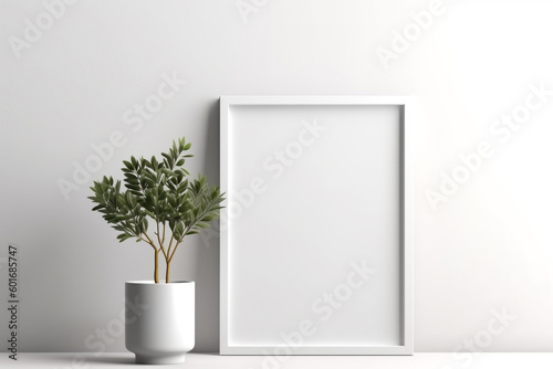 Generative Ai. blank picture frame and plant in a pot on a white shelf