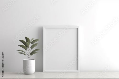 Generative Ai. a white frame with a plant in it on a shelf