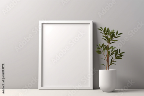 Generative Ai. a white frame and plant in a vase on a gray wall