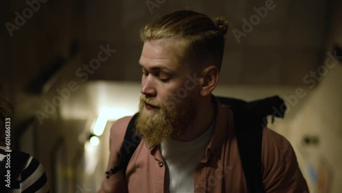Modern guy goes down escalator. business people lifestyle. stock market investment. Lifestyle urban background.