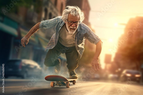 old man is riding a skateboard down a city street. Generative Ai