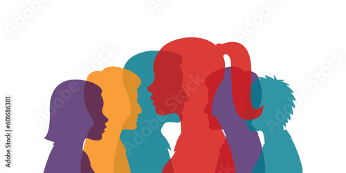 portrait of people in silhouette profile. colored silhouettes and profiles of people, Persuasion propaganda and influence on the masses. vector interracial illustration