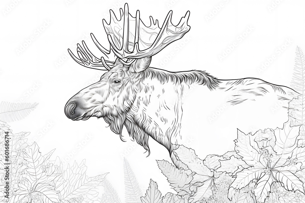 Moose in the wild. Black and white illustration created with generative ...
