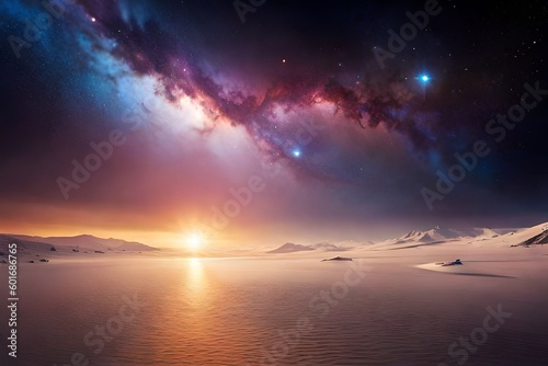 Sunrise over the sea in space background generative ai