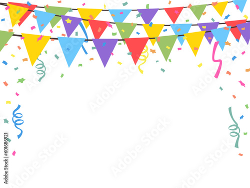 Celebrate hanging triangular garlands with confetti. Colorful perspective flags party isolated on white background. Birthday, Christmas, anniversary, and festival fair concept. Vector illustration.
