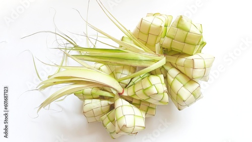 Ketupat or rice dumpling is tradition food during celebration eid fitri  eid mubarak  and eid adha. Ketupat is natural rice made from coconut leaves for cooking isolated on white background