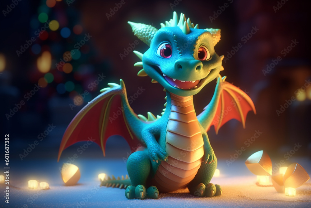 Fototapeta premium cartoon green dragon at the Christmas tree. christmas card. Generative Ai. 
