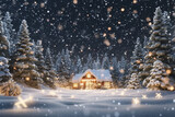Christmas card with New Year's house in the forest, snowfall. Generative Ai. 