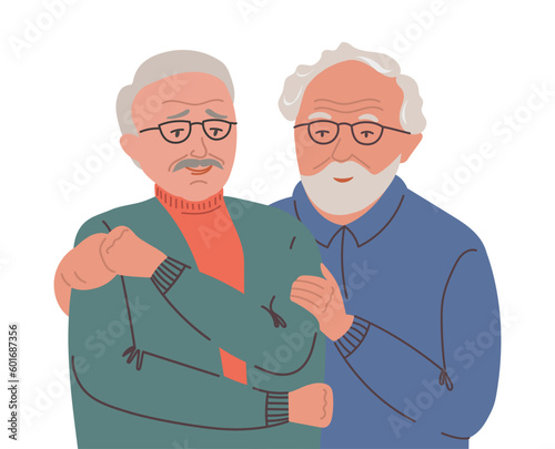Old adult gay couple vector illustration. Aged elder LGBT men in a calm and love giving hugs. Mature people portrait Isolated