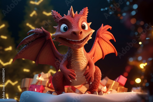 Christmas card with cartoon red baby dragon surrounded by gifts. Generative Ai. 