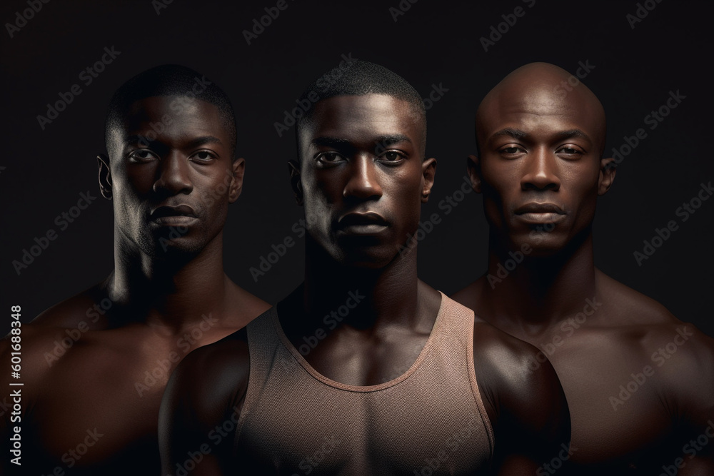 three black men standing in front of a black background. Generative Ai three black men standing in front of a black background. Generative Ai