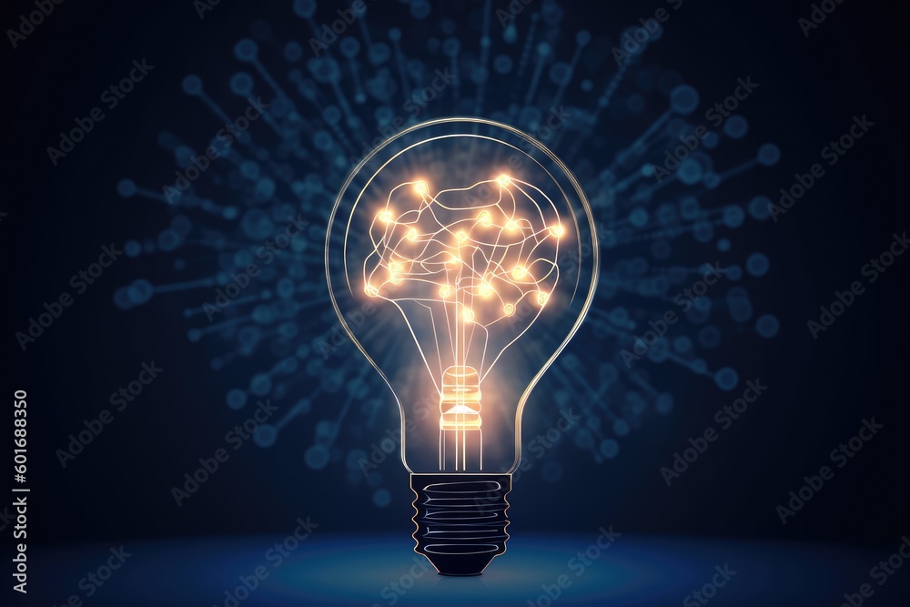 a hand holding light bulb, futuristic and brain stroming - obrazy, fototapety, plakaty 