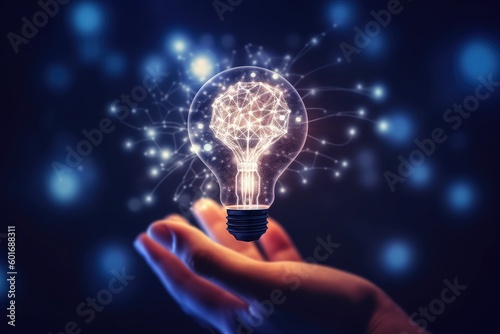 a hand holding light bulb, futuristic and brain stroming