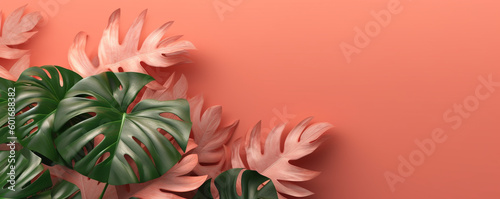 Wallpaper Mural composition of tropical plants on a light brown background with empty space for insertion. Generative Ai.  Torontodigital.ca