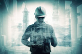 construction engineer holding plan in double exposure