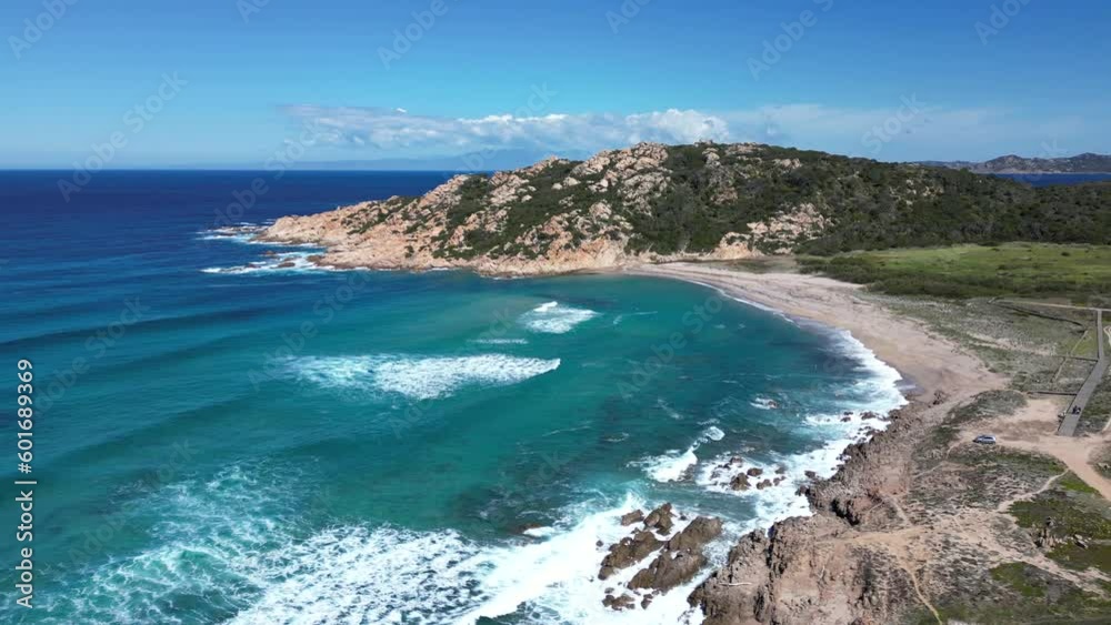 4K Aerial view of Monti Russo beach, famous surf destination in Sardinia, Italy 4K Aerial view of Monti Russo beach, famous surf destination in Sardinia, Italy