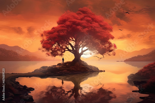 Illustration with the silhouette of the tree and a person watching the sunset surrounded by water