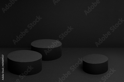 Abstract black stage with three round podiums mockup for presentation cosmetic products, goods, advertising, design, card, poster, sale, flyer, text in soft gradient color, in modern simple style.