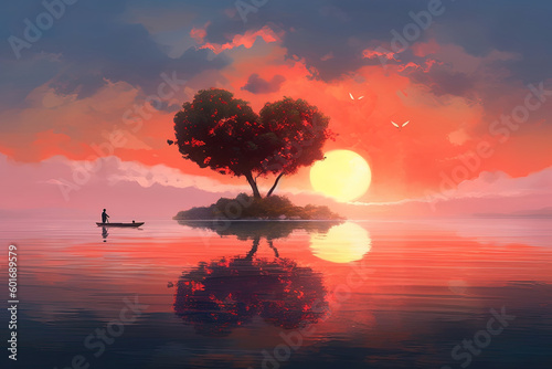Illustration of the scene with sunset, fisherman, boat, island with tree and water