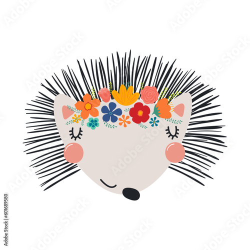 Cute funny hedgehog face in flower crown  floral wreath cartoon character illustration. Hand drawn Scandinavian style flat design  isolated vector. Kids print element  summer blooms  blossoms
