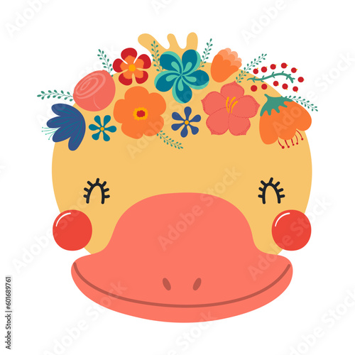 Cute funny duck face in flower crown, floral wreath cartoon character illustration. Hand drawn Scandinavian style flat design, isolated vector. Kids print element, summer blooms, blossoms
