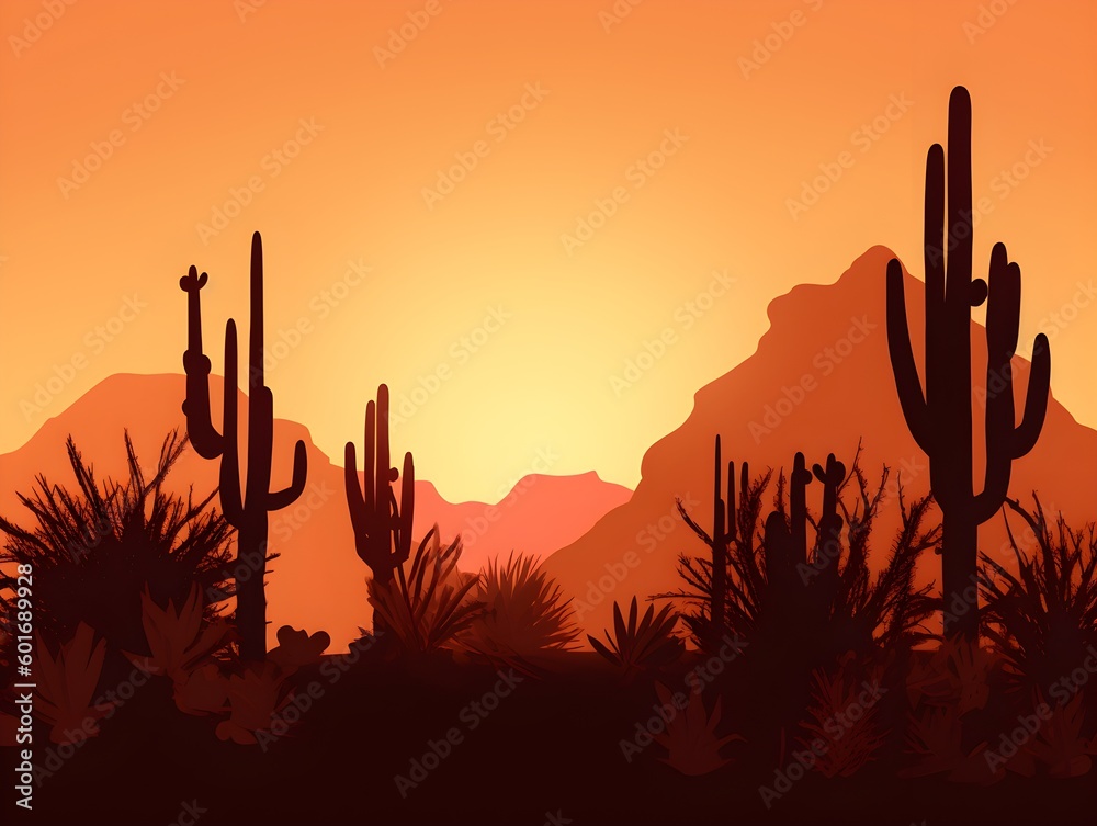 Cacti Silhouettes Against Sunset-Colored Background.