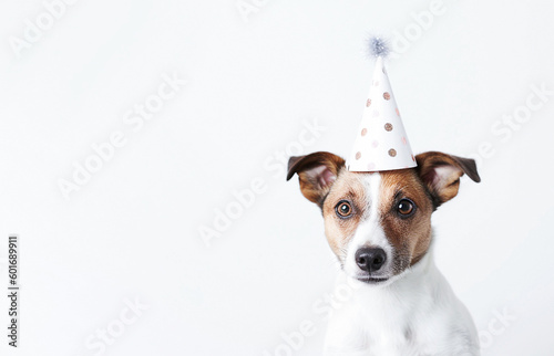 AI generative. Puppy Jack russell in birthday hat on a white background. © Olena Rudo