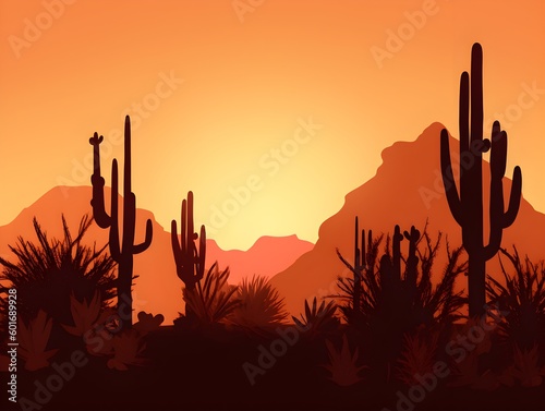 Cacti Silhouettes Against Sunset-Colored Background. © AI