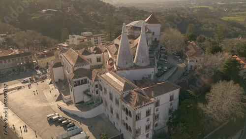 National Palace In The Historical Town Of Sintra, Portugal - aerial drone shot