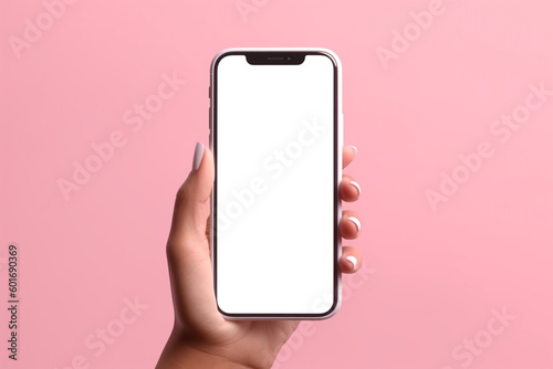 woman holding an iphone with white screen mockup. Generative Ai © PETR BABKIN