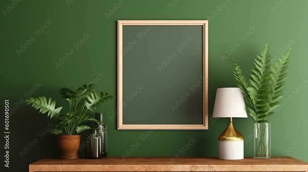 Wooden photo frame mockup green wall mounted on the wooden cabinet, interior decorated with plant leaf, lamp and vase. Generative AI