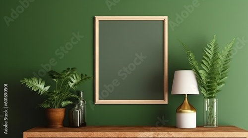 Wooden photo frame mockup green wall mounted on the wooden cabinet, interior decorated with plant leaf, lamp and vase. Generative AI