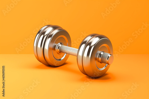 pair of dumbbells on an orange background. Generative Ai