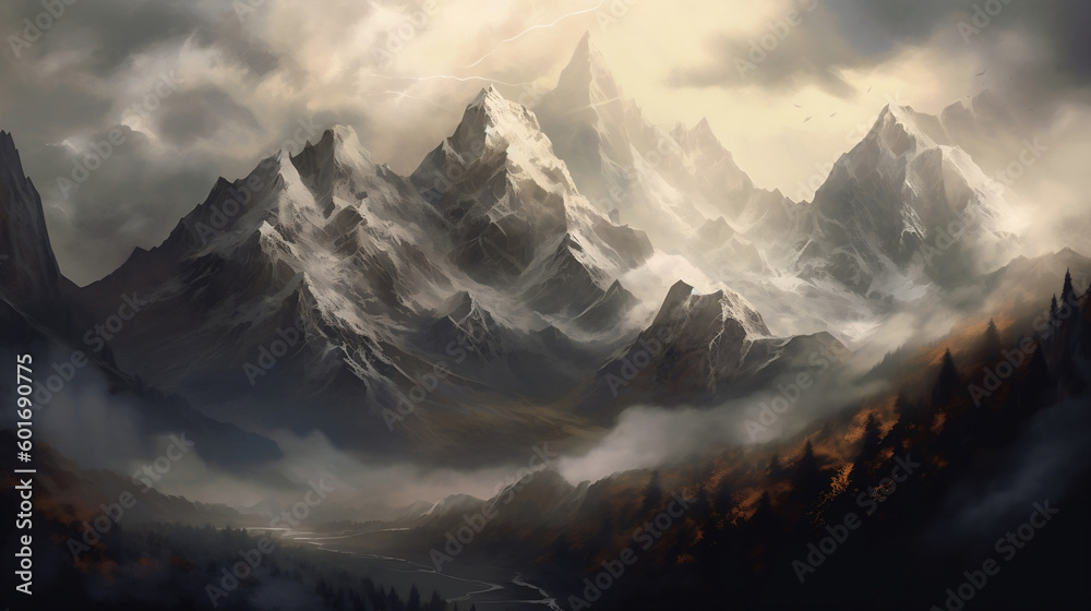 Góry, mgła, ilustracja, krajobraz