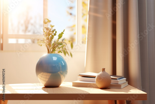  vase with a plant on a table in front of a window. Generative Ai