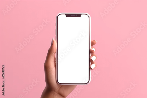 woman holding a white iphone with a blank screen. Generative Ai