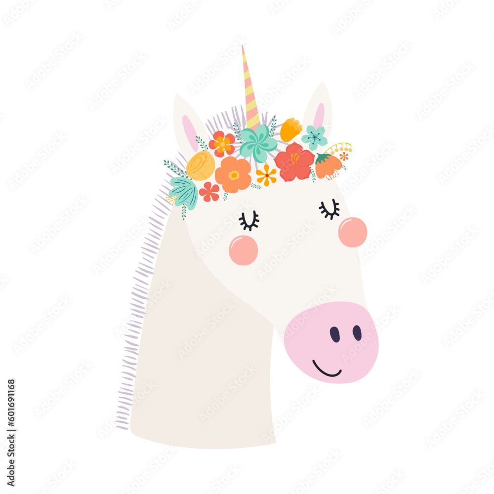 Cute funny unicorn face in flower crown, floral wreath cartoon character illustration. Hand drawn Scandinavian style flat design, isolated vector. Kids print element, summer blooms, blossoms
