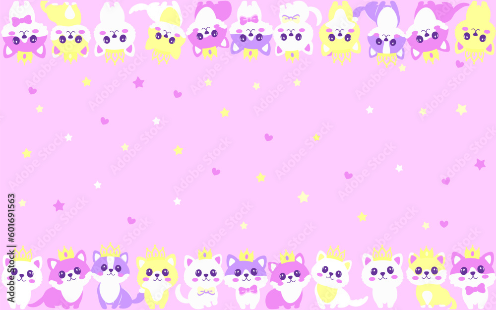 Cute kawaii kittens wearing crowns. Background in flat vector style. Cute kawaii kittens wearing crowns. Background in flat vector style.