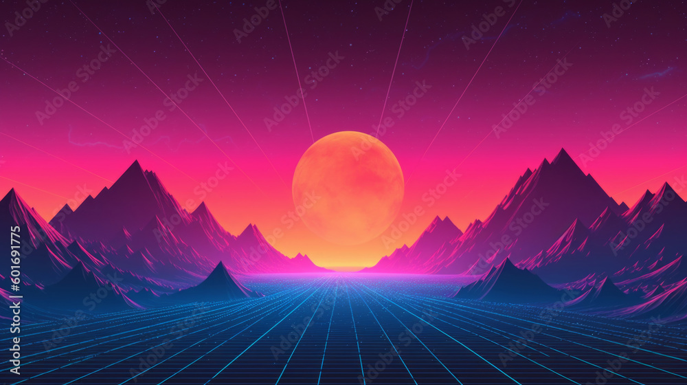 A neon pink, purple sunset forms a backdrop of this retro-inspired design. The illustration features futuristic geometric landscape, evoking the synthwave aesthetics of the 80s and 90s. Generative AI. A neon pink, purple sunset forms a backdrop of this retro-inspired design. The illustration features futuristic geometric landscape, evoking the synthwave aesthetics of the 80s and 90s. Generative AI.