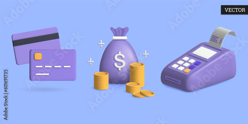 Business and finance 3D icon set. Payment terminal, money bag and credit card. Design element for financial transactions in cartoon style. Vector illustration.