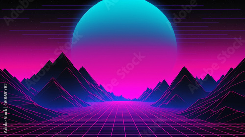 A neon pink, purple sunset forms a backdrop of this retro-inspired design. The illustration features futuristic geometric landscape, evoking the synthwave aesthetics of the 80s and 90s. Generative AI.