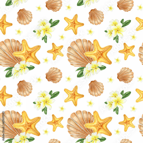 Tropical plumeria flowers  seashells  yellow starfishes. Watercolor seamless pattern on white background. For summer card making  wrapping paper  wallpaper  fabric  postcards design