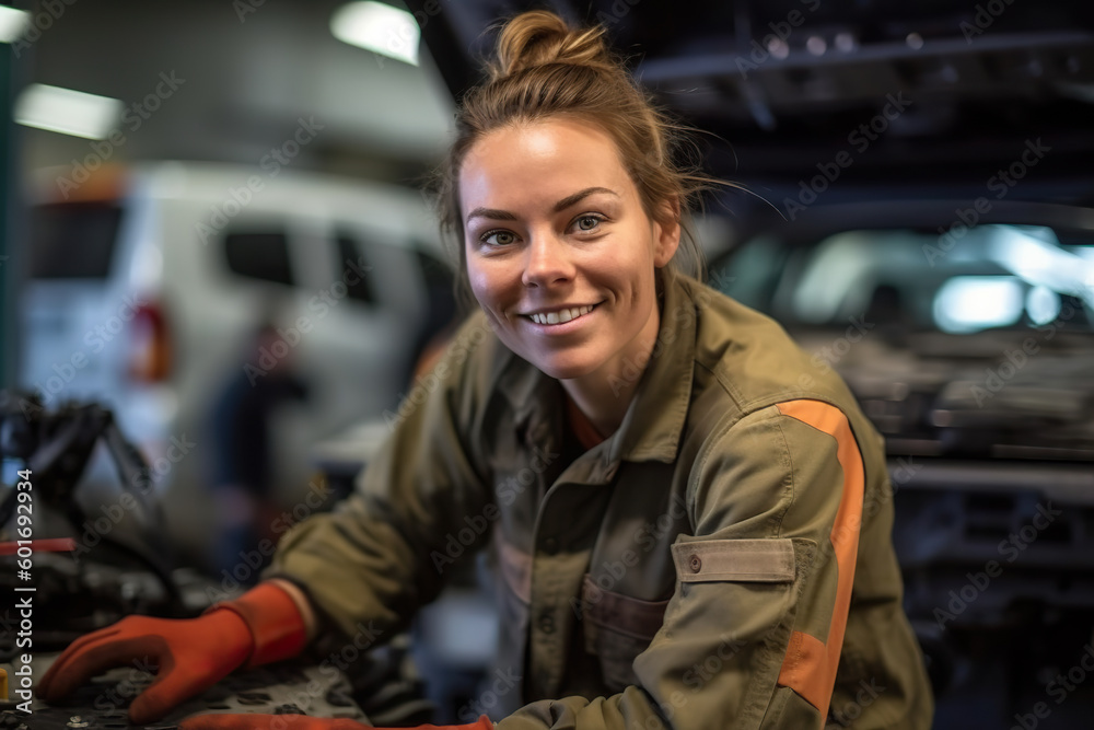 A woman is working on a car in a garage created with Generative AI technology A woman is working on a car in a garage created with Generative AI technology