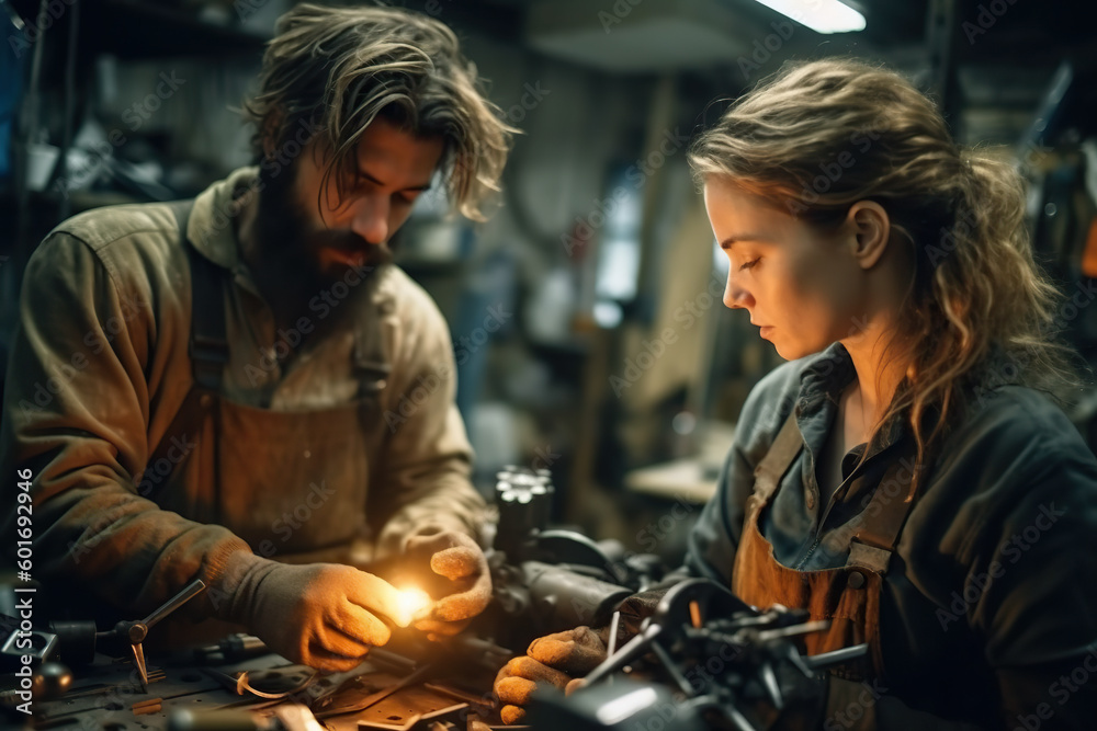 A man and a woman working on a piece of metal created with Generative AI technology