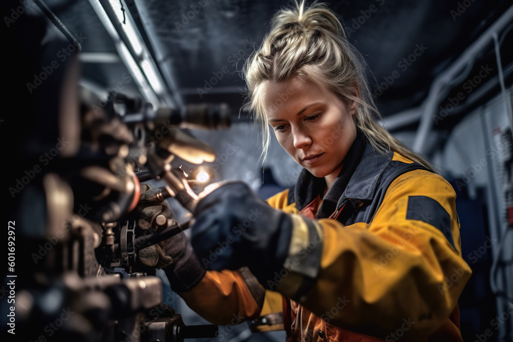 A woman working on a machine in a factory created with Generative AI technology A woman working on a machine in a factory created with Generative AI technology