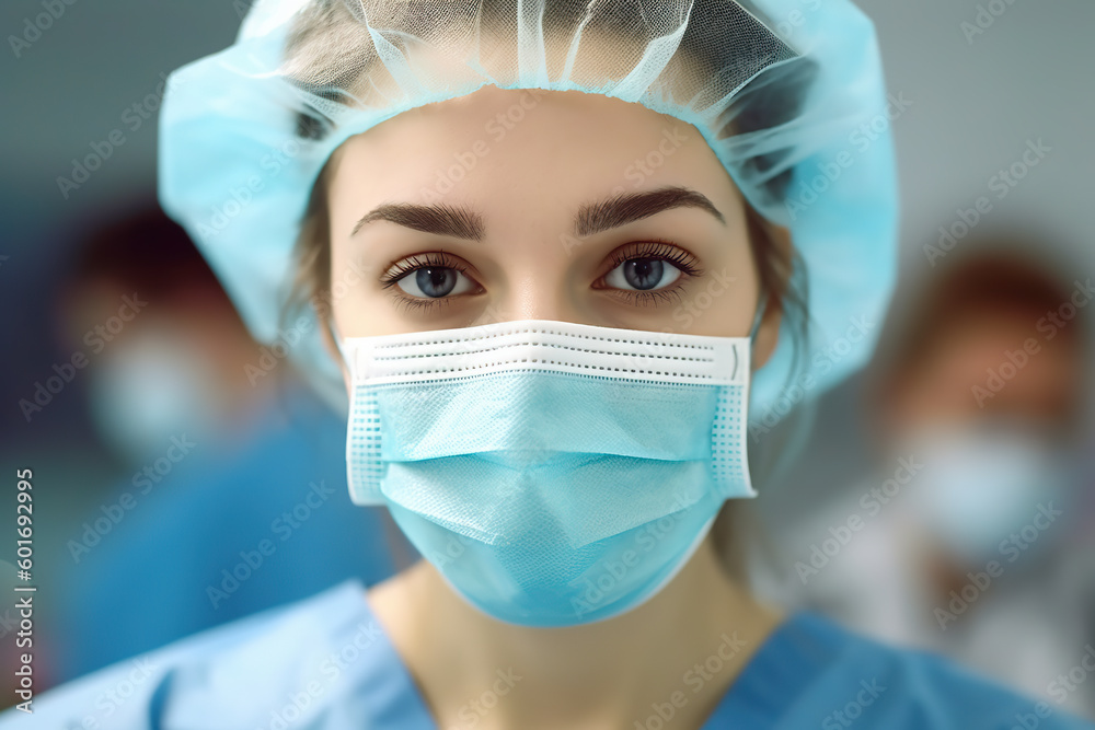 A woman wearing a surgical mask and scrubs created with Generative AI technology A woman wearing a surgical mask and scrubs created with Generative AI technology