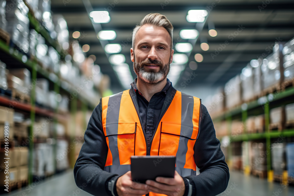 A man in a warehouse holding a tablet created with Generative AI technology A man in a warehouse holding a tablet created with Generative AI technology