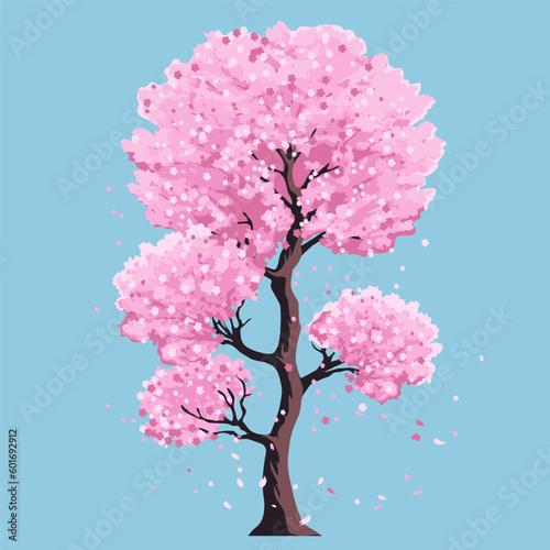 Vector image of a tree blooming with pink flowers on a blue background. © Natalia
