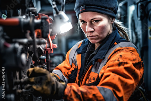 A woman in an orange jacket working on a machine created with Generative AI technology