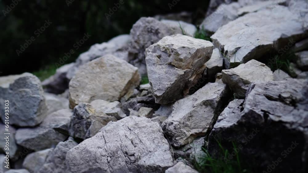 Light grey stones lie on mountain hill at sunlight closeup Light grey stones lie on mountain hill at sunlight closeup